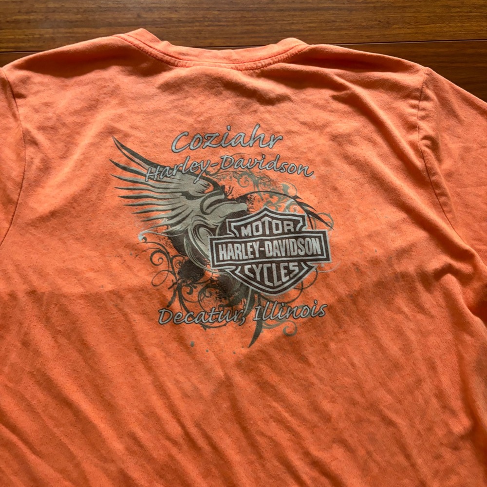 Y2K Harley-Davidson Made in USA Womens V-Neck T-Shirt Coziahr Illinois Orange XL